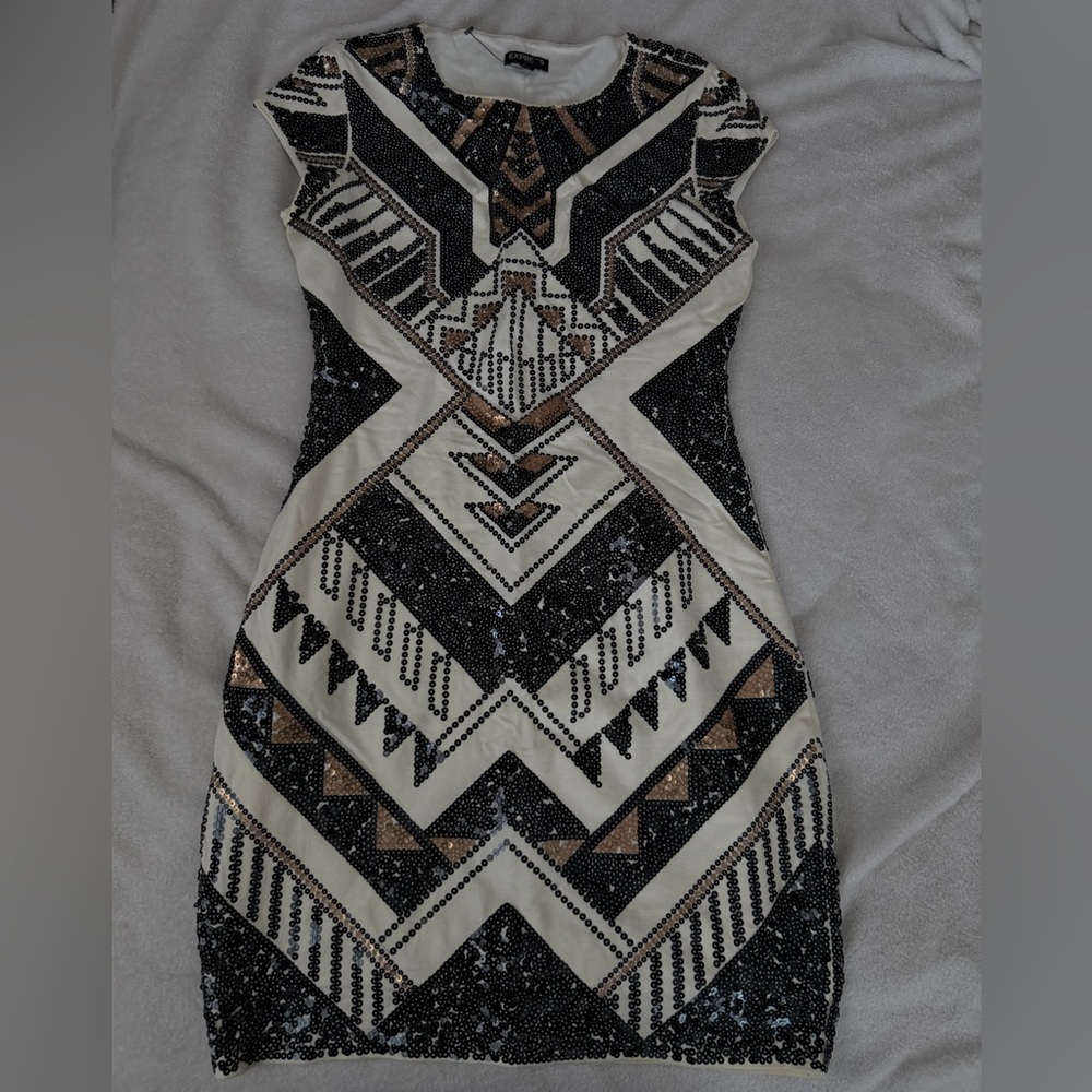 Express Geometric Sequin Mini Dress - Black, White, Tan